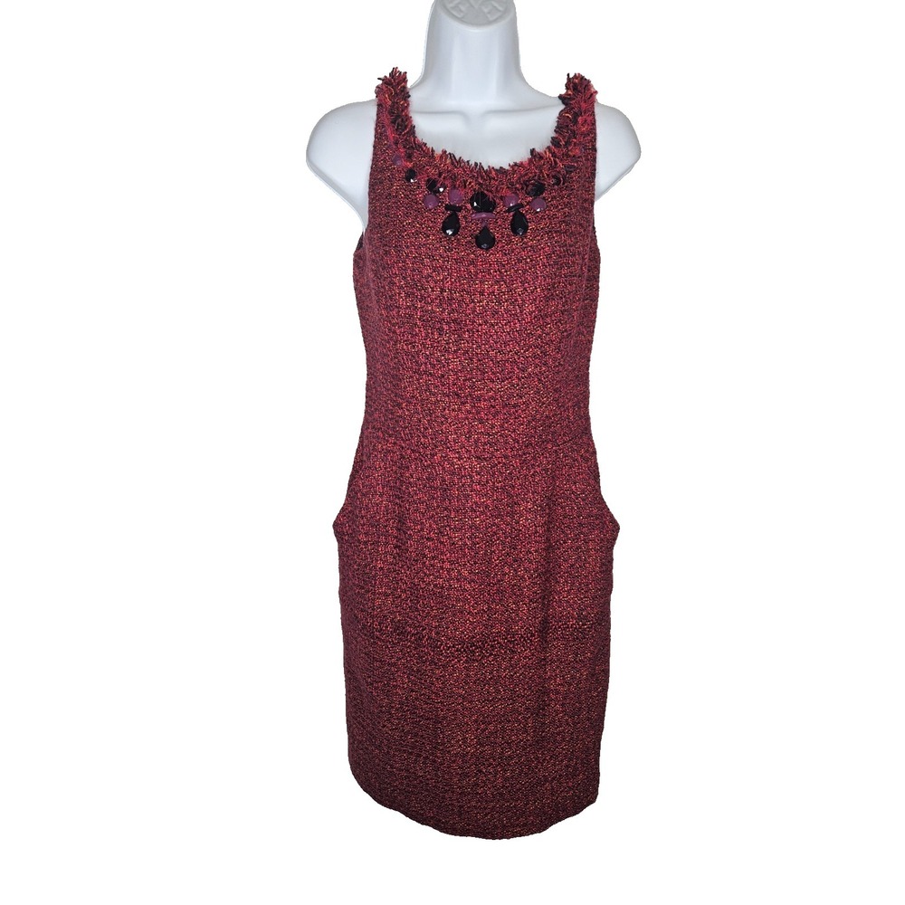 Wonder Red Tweed Sheath Dress Jewel Neck Fringe Trim Size 0 Classic Preppy‎